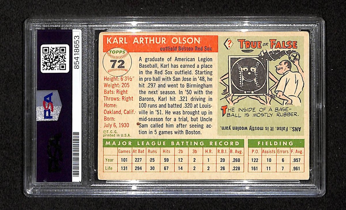 Karl Olson Signed/Autographed 1955 Topps Card #72 Boston Red Sox PSA/DNA 195396