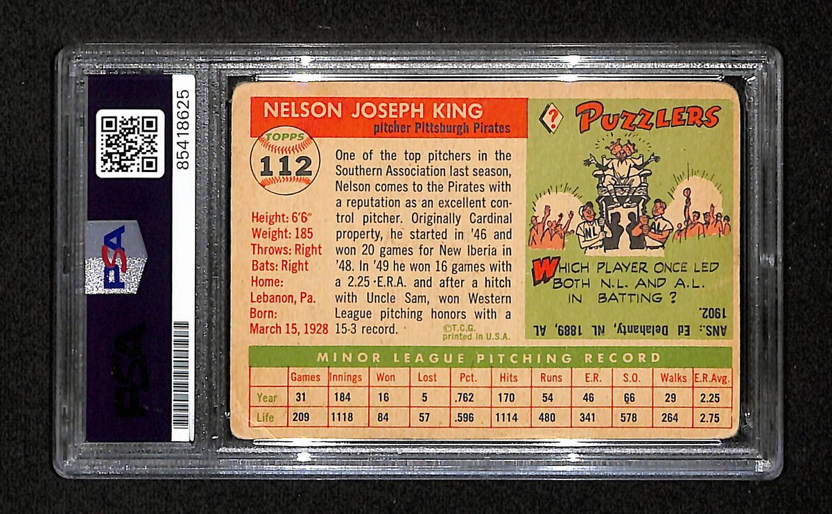 Nelson King Signed/Auto 1955 Topps Card #112 Pittsburgh Pirates PSA/DNA 195401