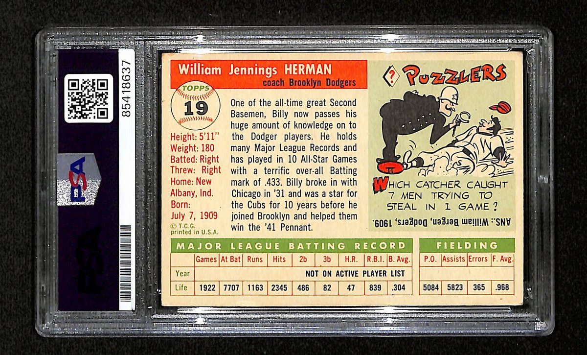 Billy Herman HOF Signed/Auto 1955 Topps Card #19 Brooklyn Dodgers PSA/DNA 195402