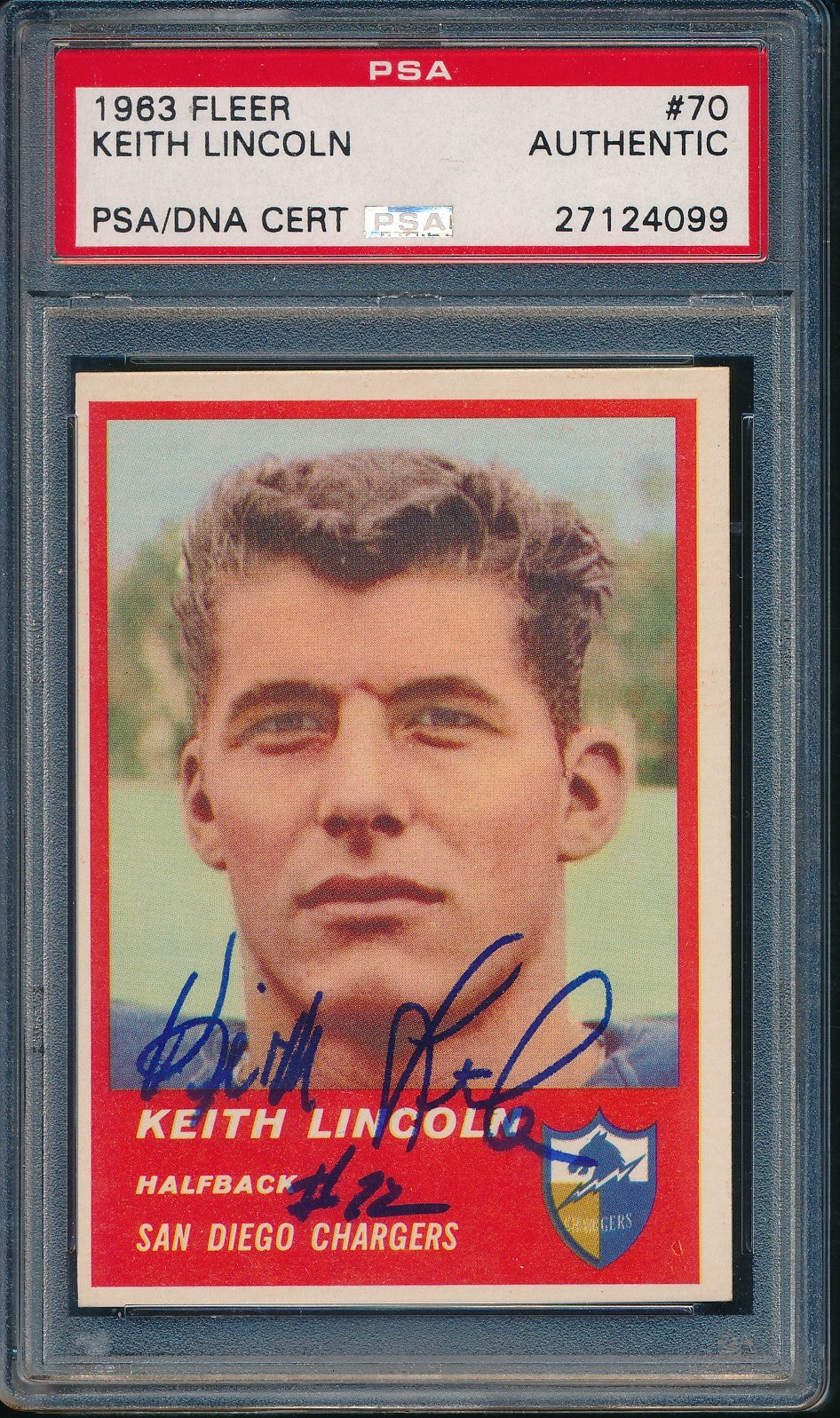 Keith Lincoln Signed/Autographed 1963 Fleer Card #70 Chargers PSA/DNA 196001