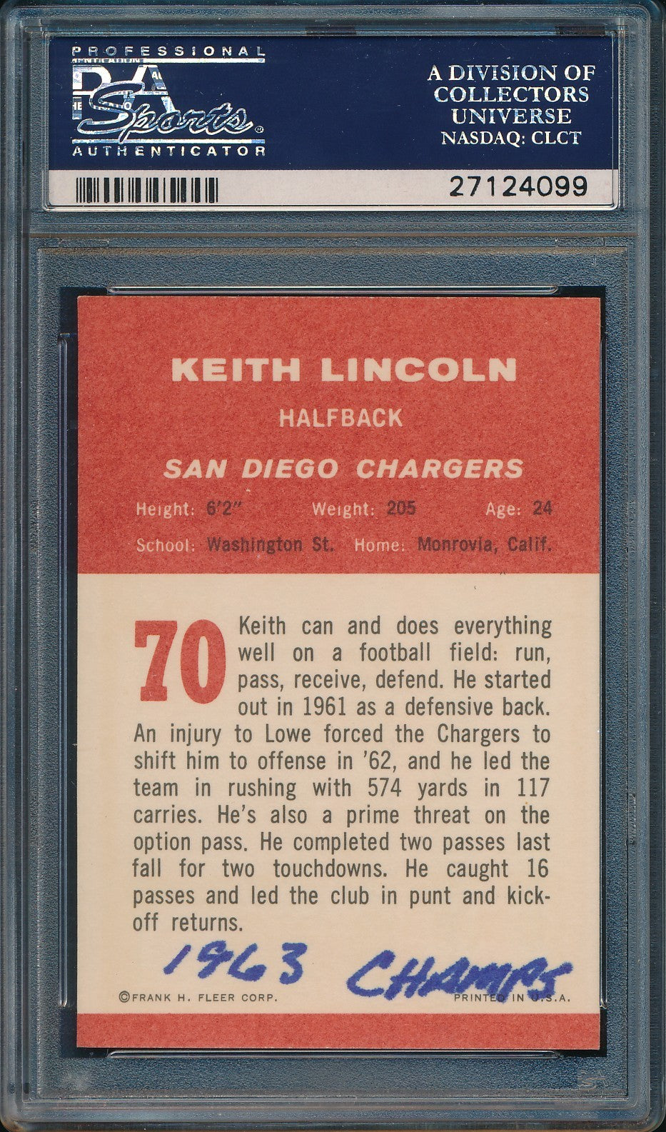 Keith Lincoln Signed/Autographed 1963 Fleer Card #70 Chargers PSA/DNA 196001