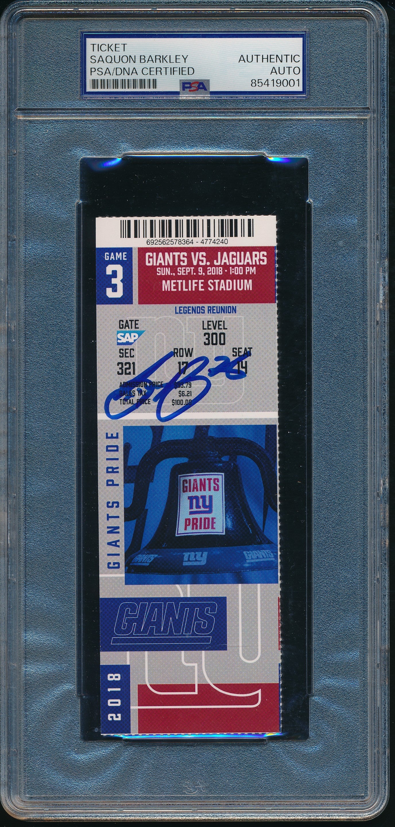 Saquon Barkley Signed 2018 Giants vs. Jaguars Full Ticket NFL Debut PSA 196002