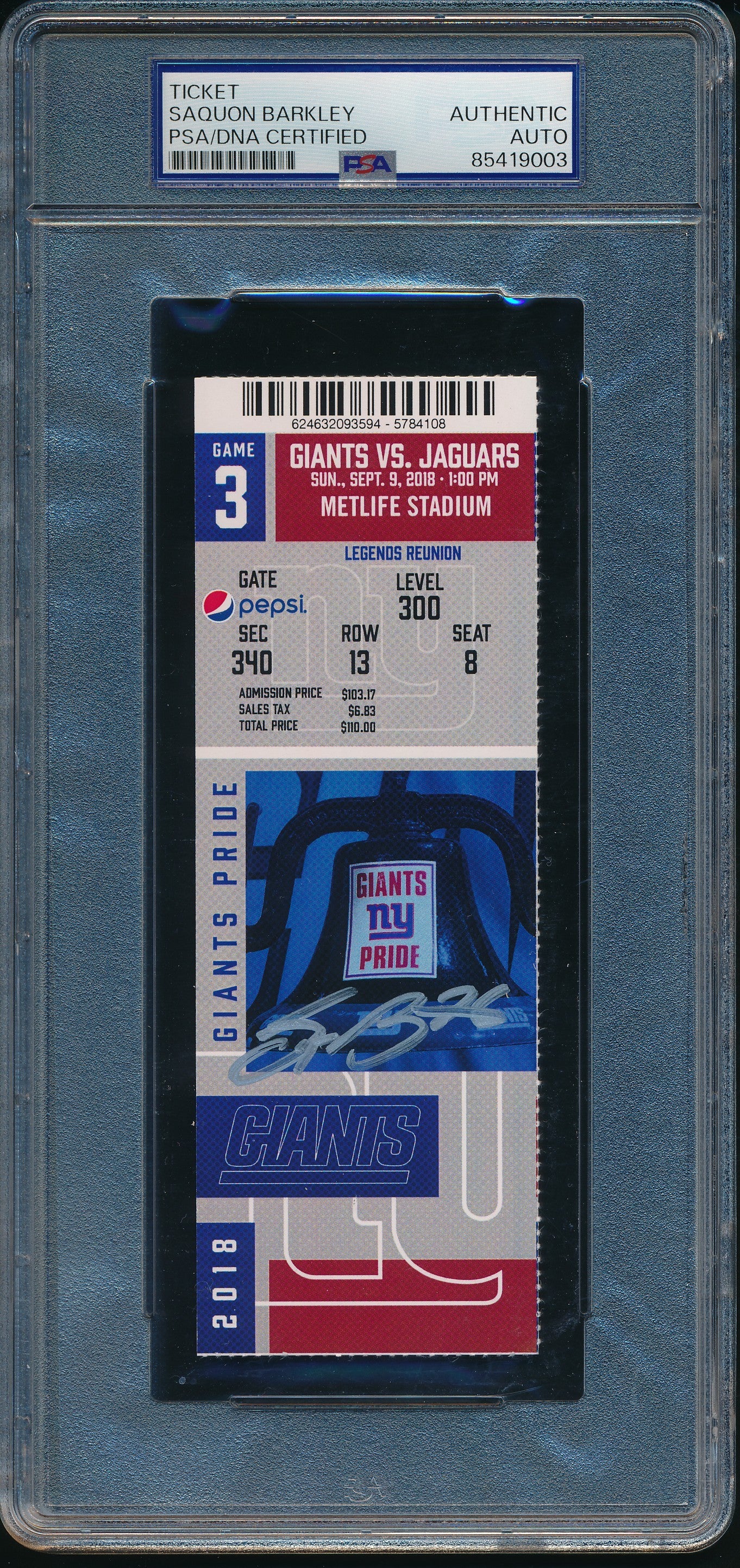 Saquon Barkley Signed 2018 Giants vs. Jaguars Full Ticket NFL Debut PSA 196003