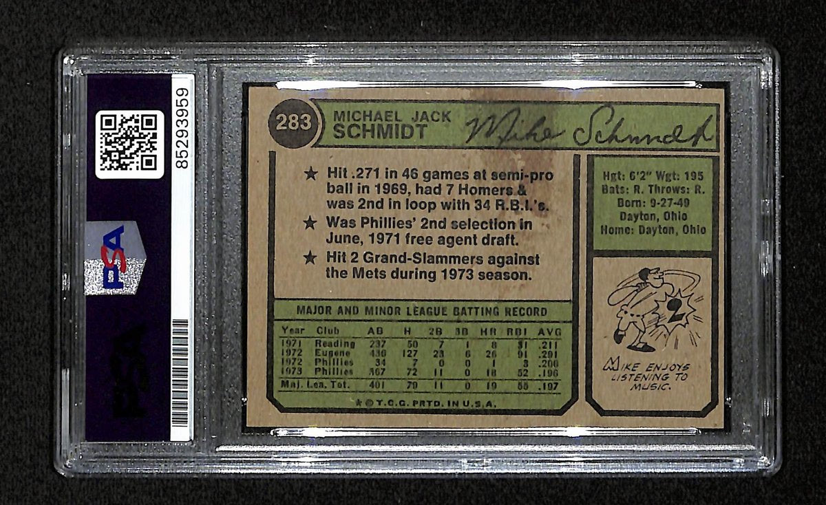 1974 Topps Mike Schmidt Phillies Card #283 Signed PSA/DNA GEM MINT 10 194898