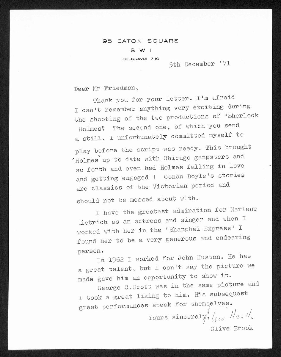 Clive Brook Signed Typed Letter Signed (TLS) Actor "Sherlock Holmes" 196012