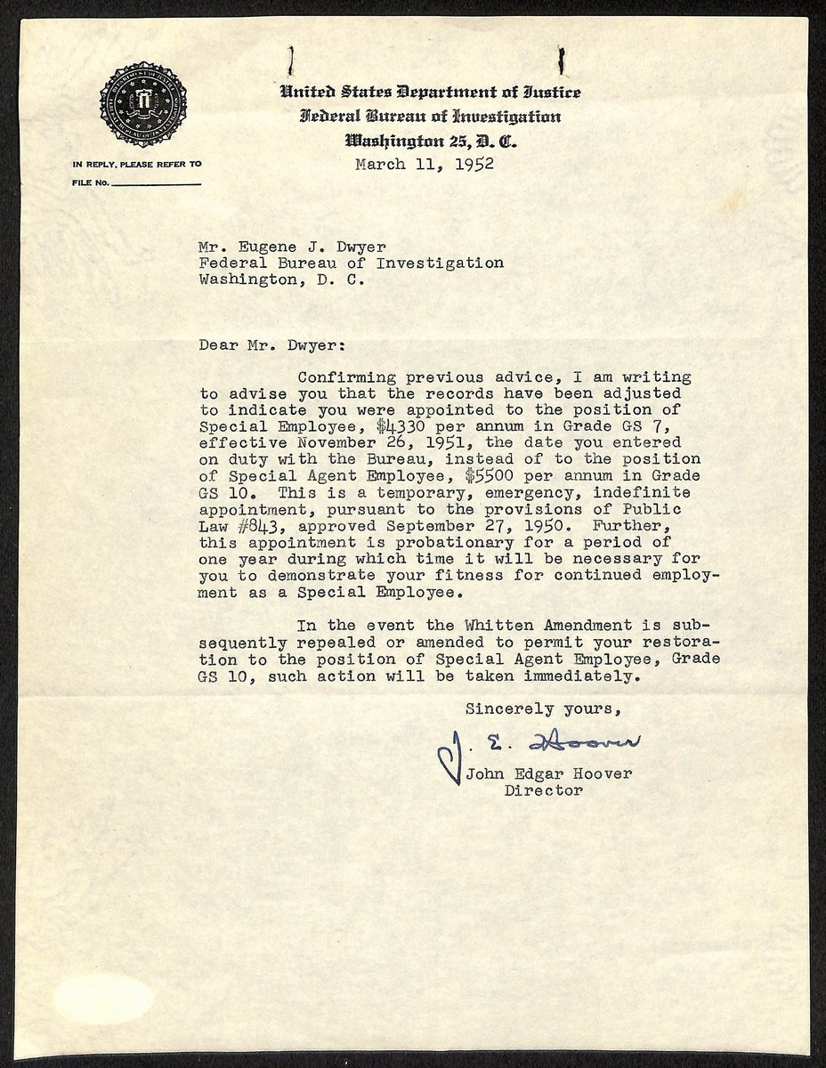 J. Edgar Hoover Signed Typed Letter Signed (TLS) FBI Director JSA 196013
