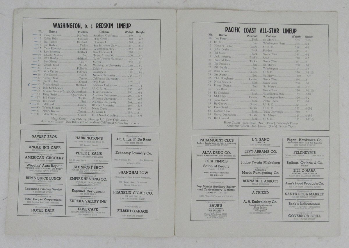 January 16, 1938 Program Redskins vs. Pacific Coast All-Americans 195692