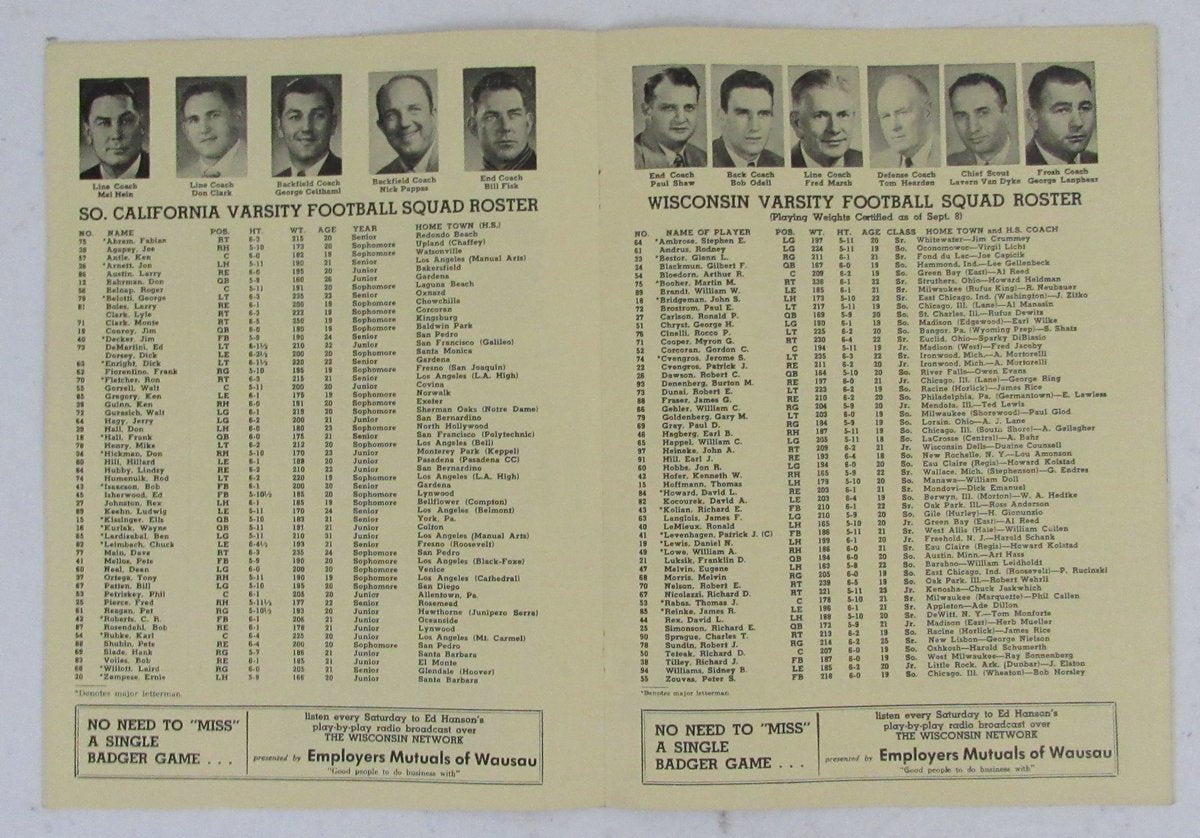 October 6, 1956 College Football Game Program Wisconsin vs. USC 195701
