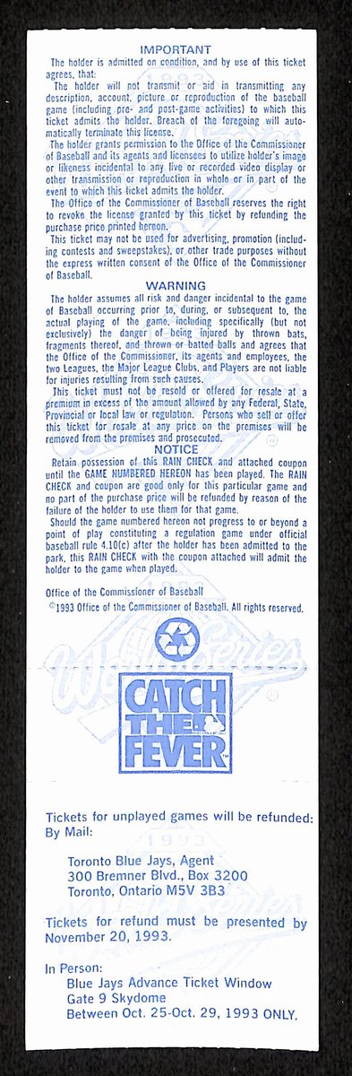 1993 World Series Game 2 Phillies vs. Blue Jays Full Ticket RARE MINT 194163