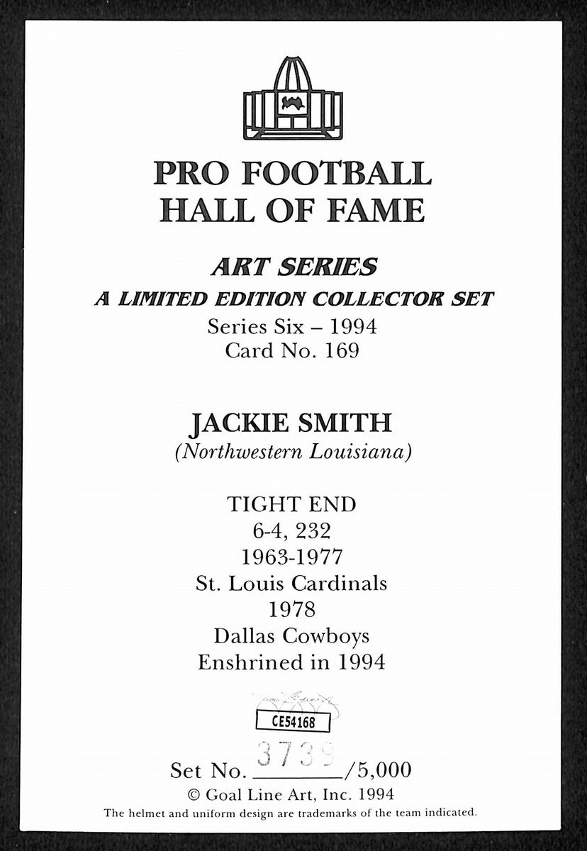 Jackie Smith Signed/Inscr 1994 Goal Line Art GLAC Postcard Cardinals JSA 196054