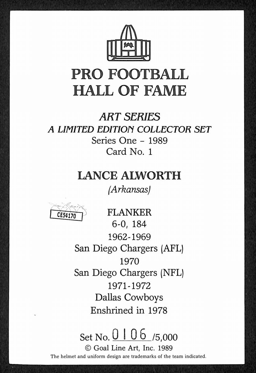 Lance Alworth Signed/Inscr 1989 Goal Line Art GLAC Postcard Chargers JSA 196053