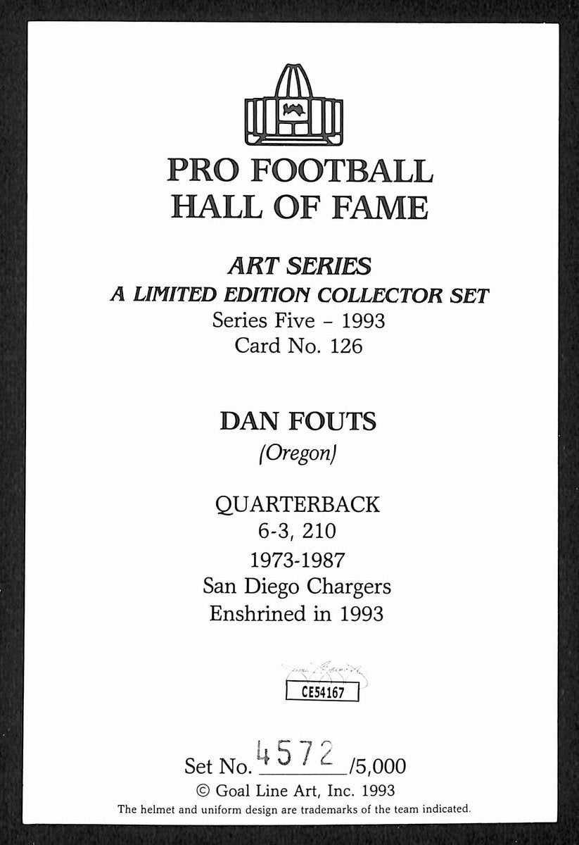 Dan Fouts HOF Signed/Auto 1993 Goal Line Art GLAC Postcard Chargers JSA 196055