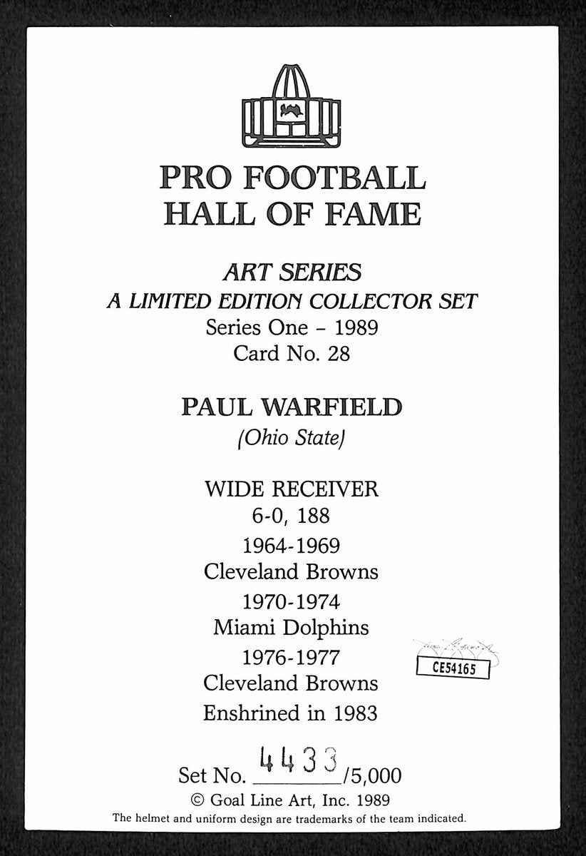 Paul Warfield HOF Signed/Auto 1989 Goal Line Art GLAC Postcard Browns JSA 196057
