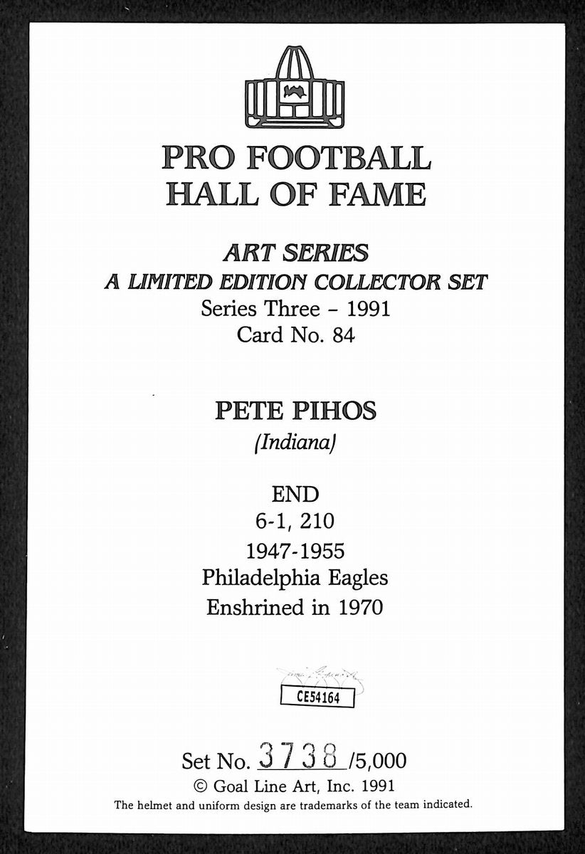 Pete Pihos HOF Signed/Auto 1991 Goal Line Art GLAC Postcard Eagles JSA 196058