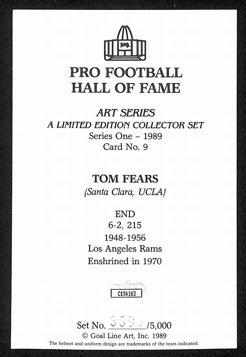 Tom Fears HOF Signed/Auto 1989 Goal Line Art GLAC Postcard Rams JSA 196059