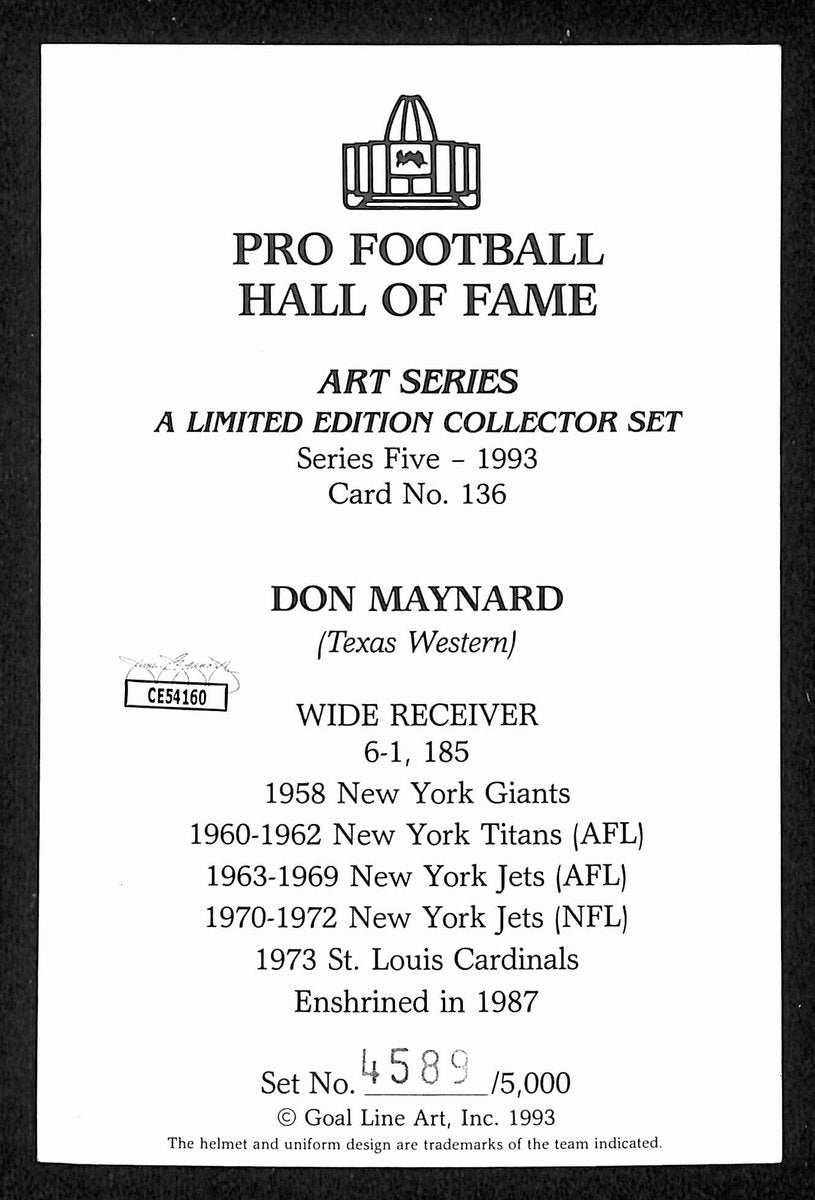 Don Maynard HOF Signed/Inscr 1993 Goal Line Art GLAC Postcard Jets JSA 196062