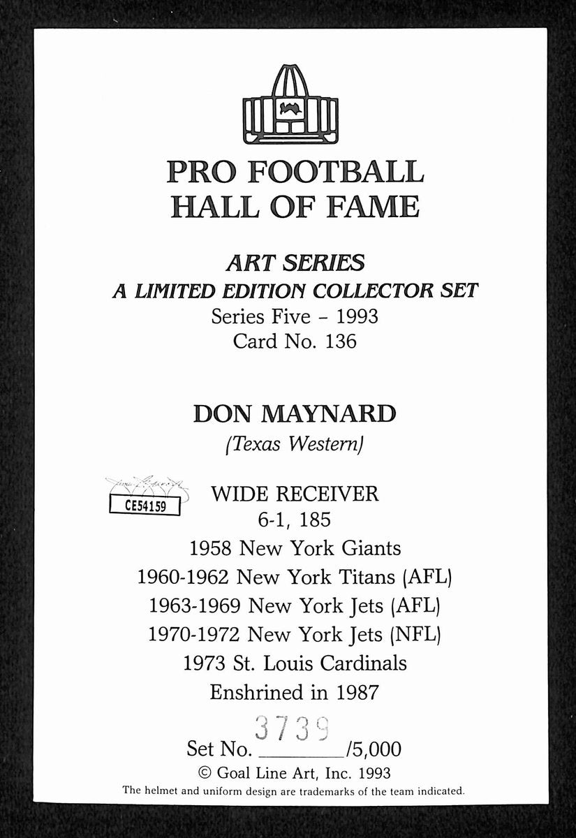 Don Maynard HOF Signed/Auto 1993 Goal Line Art GLAC Postcard Jets JSA 196063