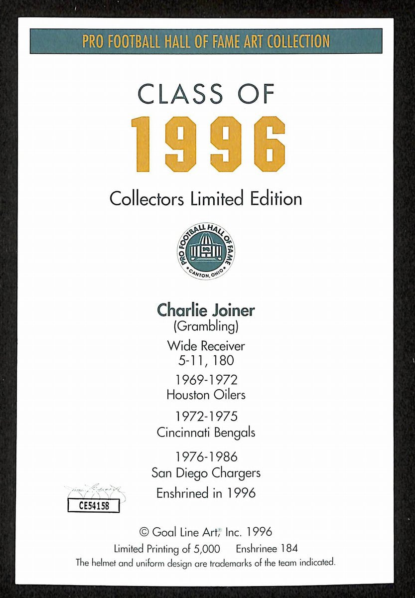 Charlie Joiner Signed/Inscr 1996 Goal Line Art GLAC Postcard Chargers JSA 196064