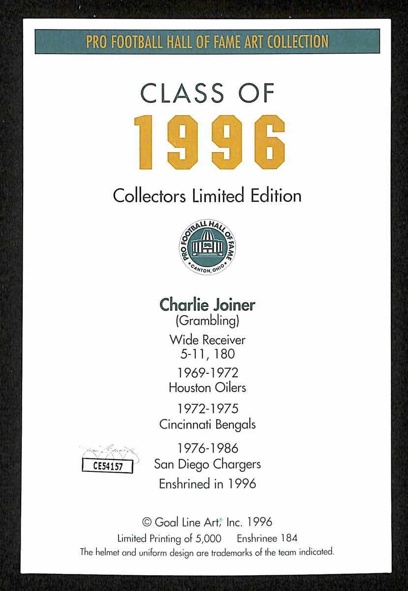 Charlie Joiner Signed/Inscr 1996 Goal Line Art GLAC Postcard Chargers JSA 196065
