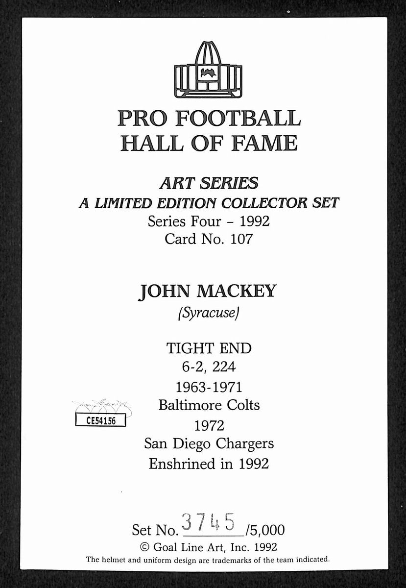 John Mackey HOF Signed/Auto 1992 Goal Line Art GLAC Postcard Colts JSA 196066