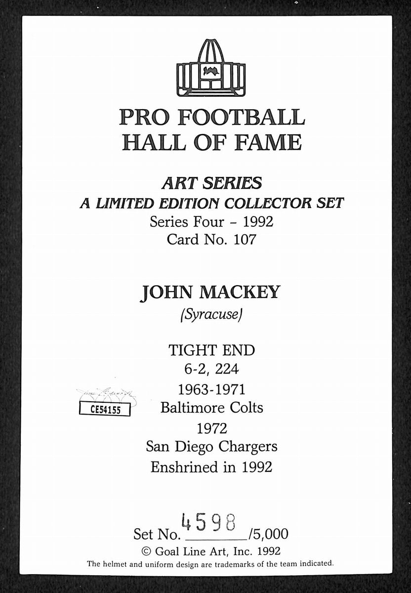 John Mackey HOF Signed/Auto 1992 Goal Line Art GLAC Postcard Colts JSA 196067