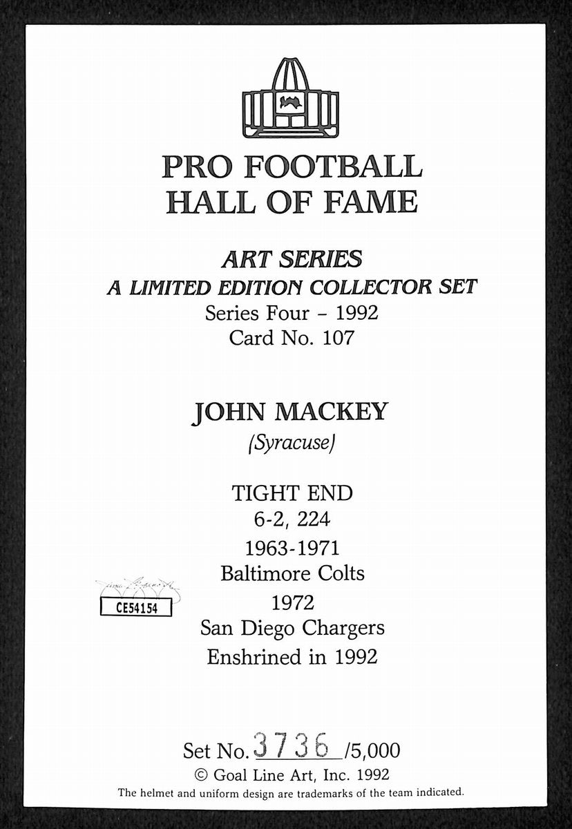 John Mackey HOF Signed/Auto 1992 Goal Line Art GLAC Postcard Colts JSA 196068