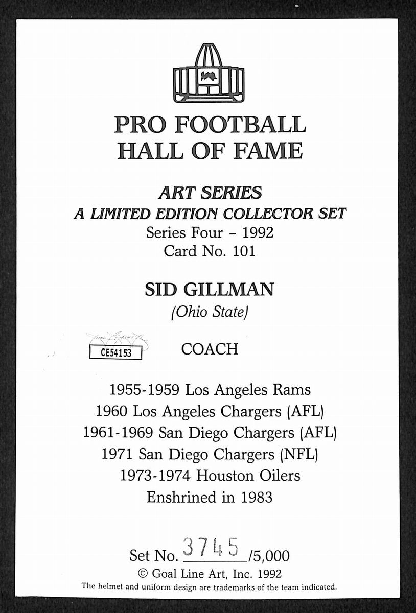 Sid Gillman HOF Signed/Auto 1992 Goal Line Art GLAC Postcard Chargers JSA 196069