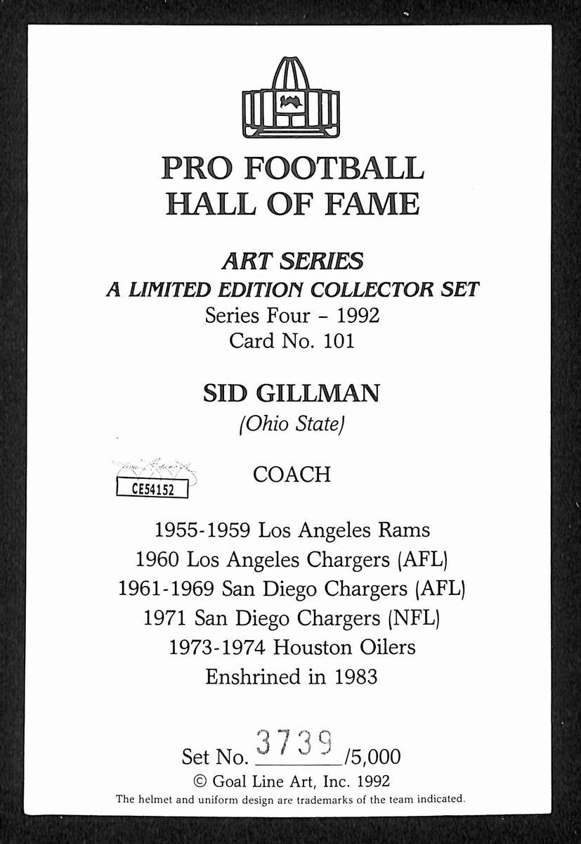 Sid Gillman HOF Signed/Auto 1992 Goal Line Art GLAC Postcard Chargers JSA 196070