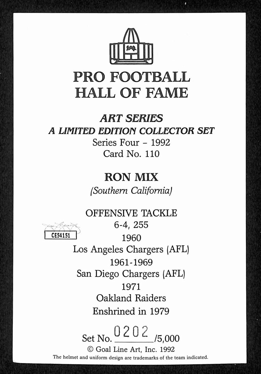 Ron Mix HOF Signed/Auto 1992 Goal Line Art GLAC Postcard Chargers JSA 196071