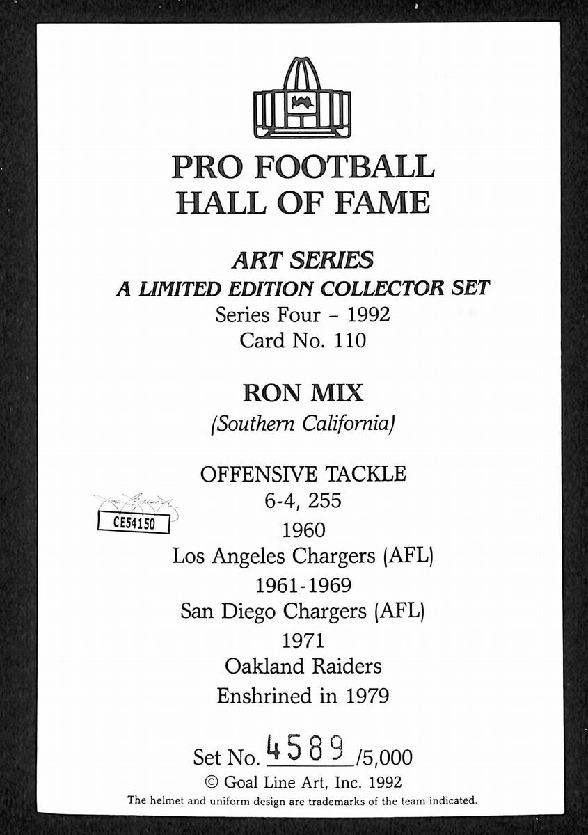 Ron Mix HOF Signed/Auto 1992 Goal Line Art GLAC Postcard Chargers JSA 196072