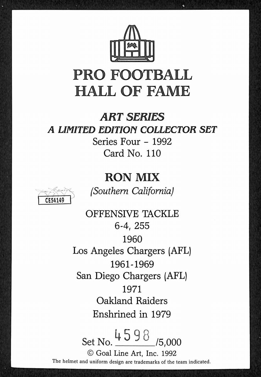 Ron Mix HOF Signed/Auto 1992 Goal Line Art GLAC Postcard Chargers JSA 196073