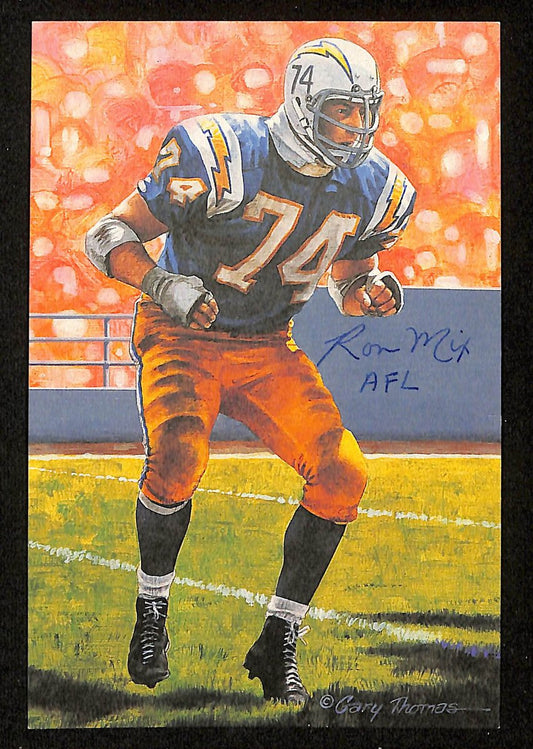 Ron Mix HOF Signed/Inscr 1992 Goal Line Art GLAC Postcard Chargers JSA 196074