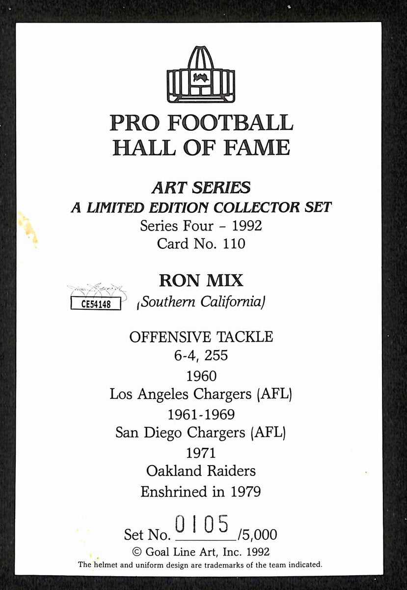 Ron Mix HOF Signed/Inscr 1992 Goal Line Art GLAC Postcard Chargers JSA 196074