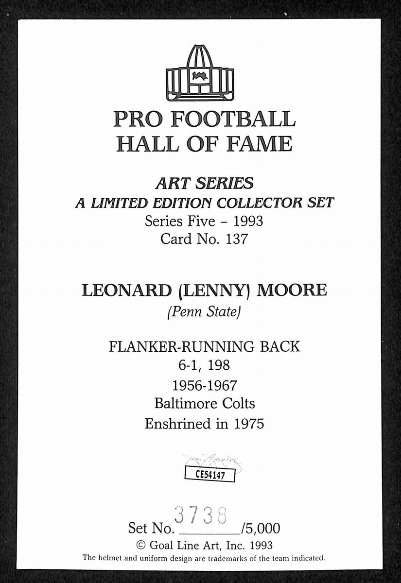Lenny Moore HOF Signed/Auto 1993 Goal Line Art GLAC Postcard Colts JSA 196075