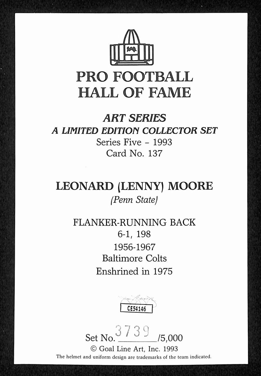 Lenny Moore HOF Signed/Auto 1993 Goal Line Art GLAC Postcard Colts JSA 196076