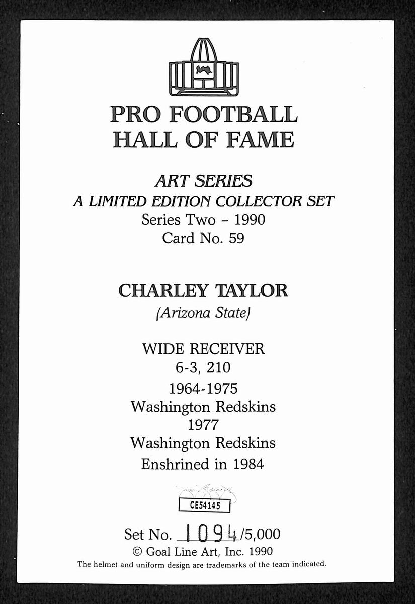 Charlie Taylor HOF Signed 1990 Goal Line Art GLAC Postcard Redskins JSA 196077