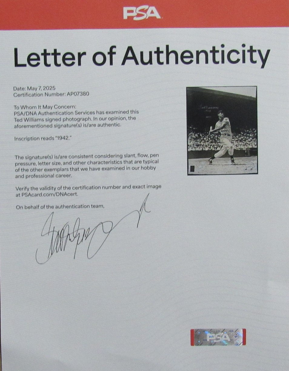 Ted Williams HOF Signed/Inscr "1942" 16x20 Photo Boston Red Sox PSA/DNA 194630