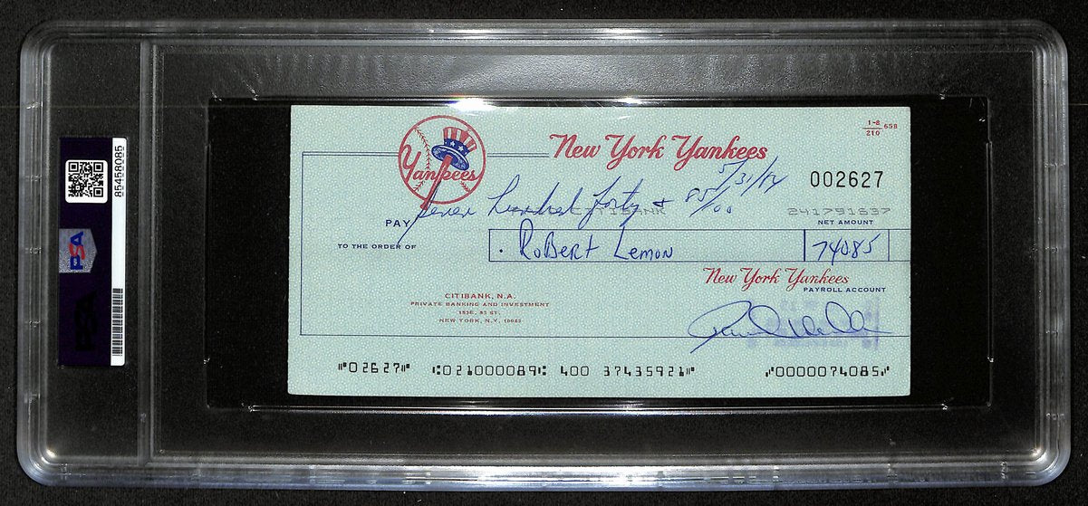 Bob Lemon HOF Signed/Auto 1984 NY Yankees Payroll Bank Check PSA/DNA 194532