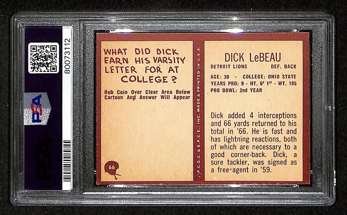 Dick LeBeau HOF Signed 1967 Philadelphia Card #66 Lions PSA/DNA EX-MT 6 195919