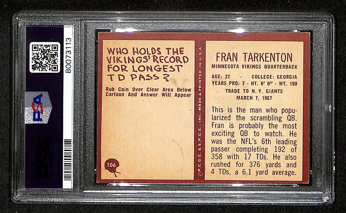 Fran Tarkenton Signed 1967 Philadelphia Card #106 Vikings PSA/DNA EX 5 195923