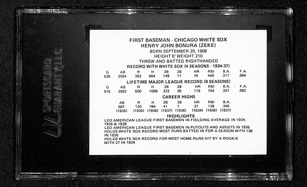 Zeke Bonura Signed/Auto 1976 Chicago's Greats Card Chicago White Sox SGC 195963