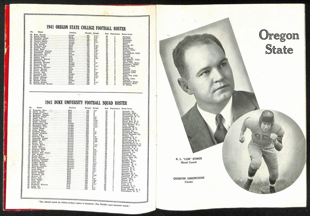 1942 Rose Bowl Duke vs. Oregon State NCAA Football Game Program 192877