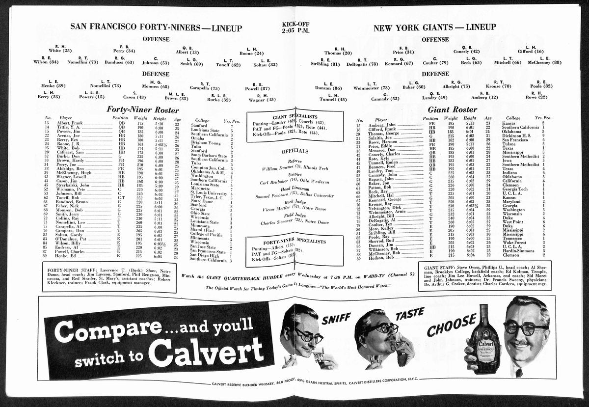1952 New York Giants vs. San Francisco 49ers NFL Football Game Program 192902