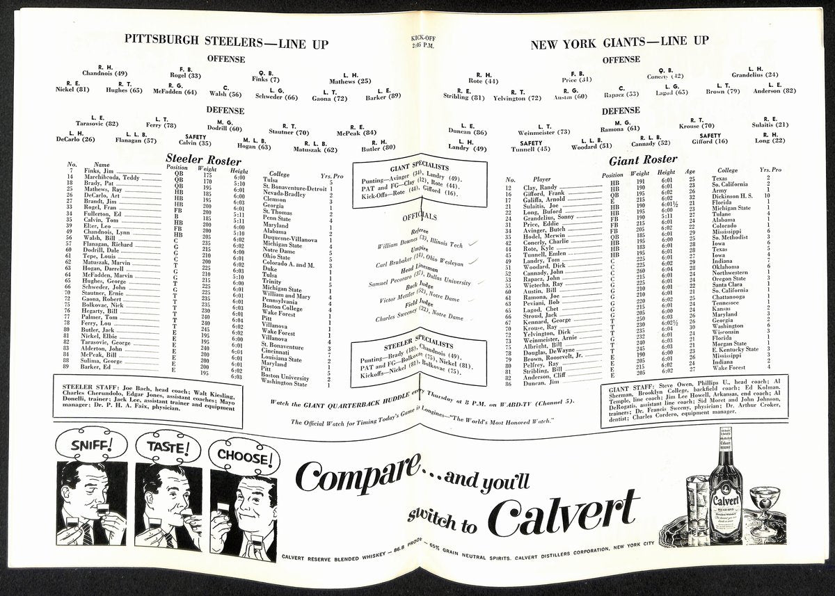 1953 New York Giants vs. Pittsburgh Steelers NFL Football Game Program 196080