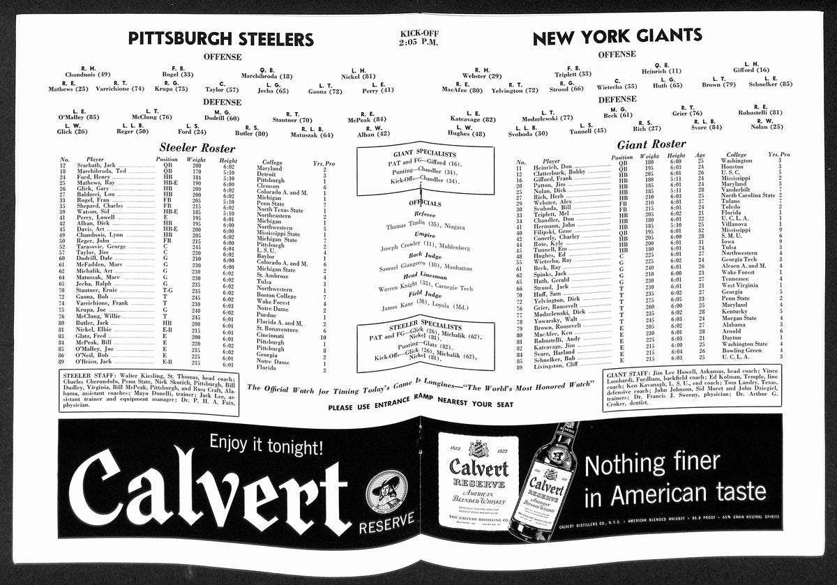 1956 New York Giants vs. Pittsburgh Steelers NFL Football Game Program 196090