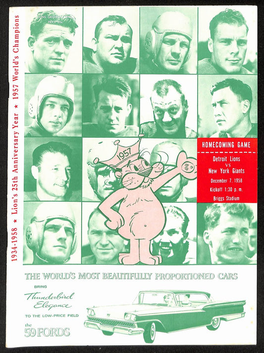 1958 Detroit Lions vs. New York Giants NFL Football Game Program 196110