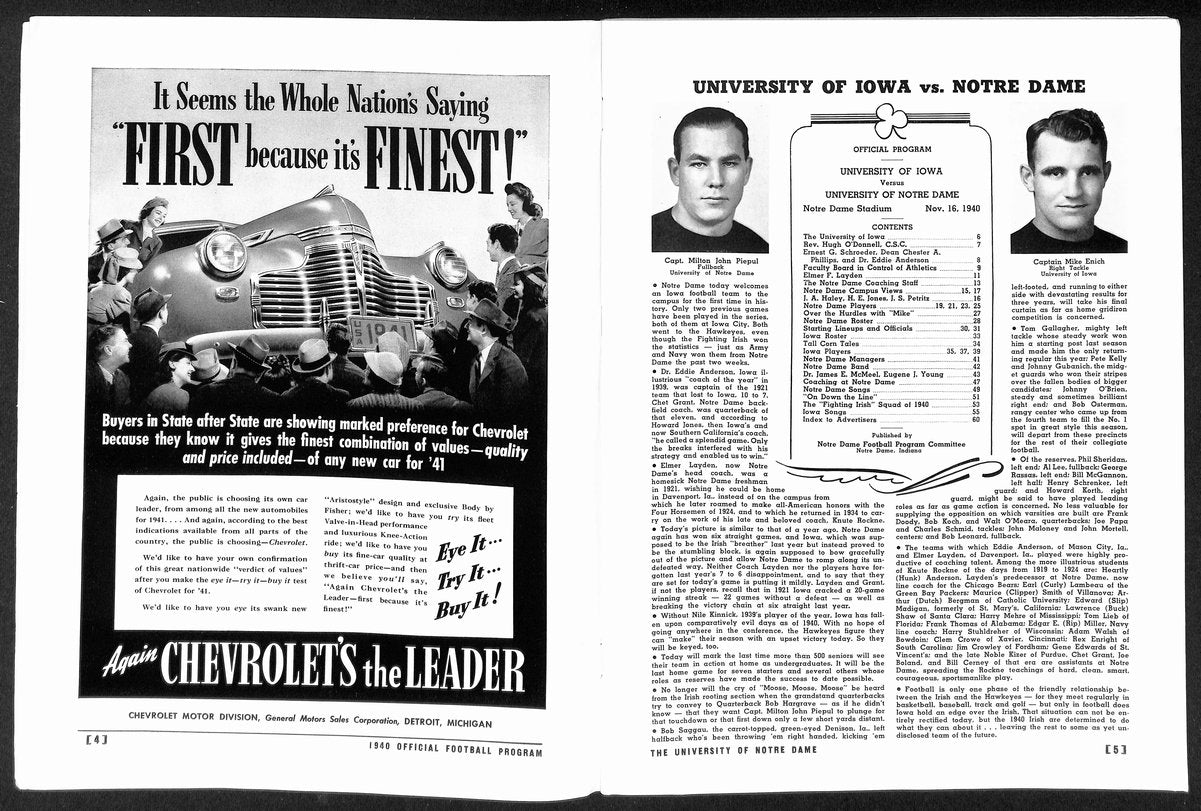 1940 Iowa vs Notre Dame Vintage College Football Game Program 194605