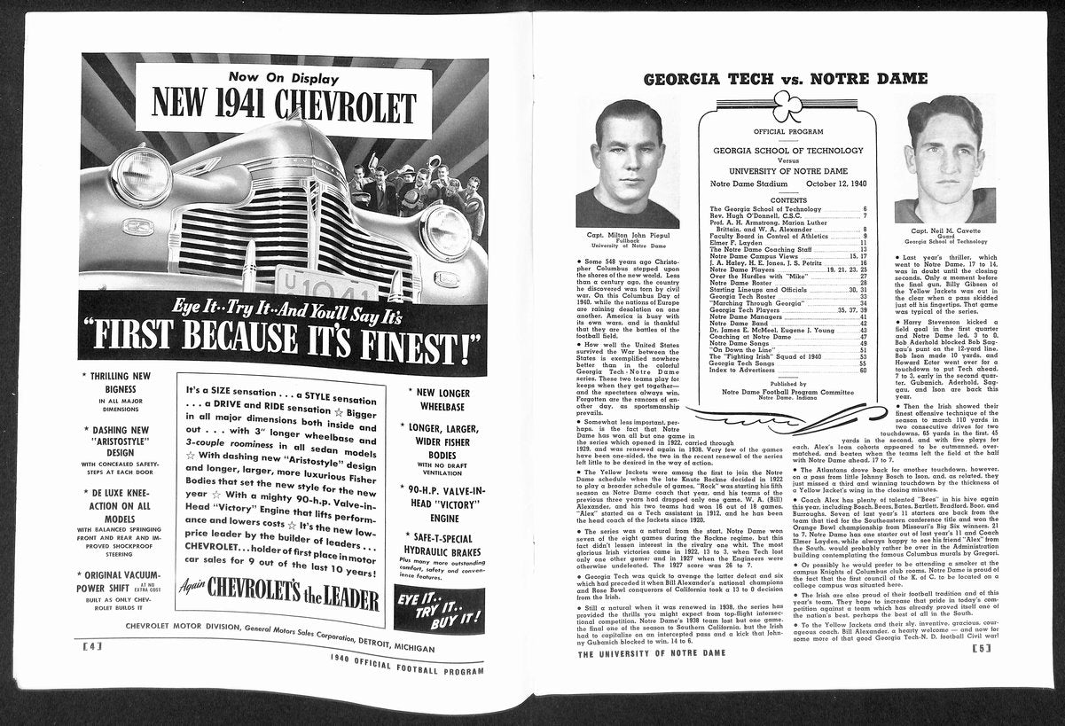 1940 Georgia Tech vs Notre Dame Vintage College Football Game Program 194608
