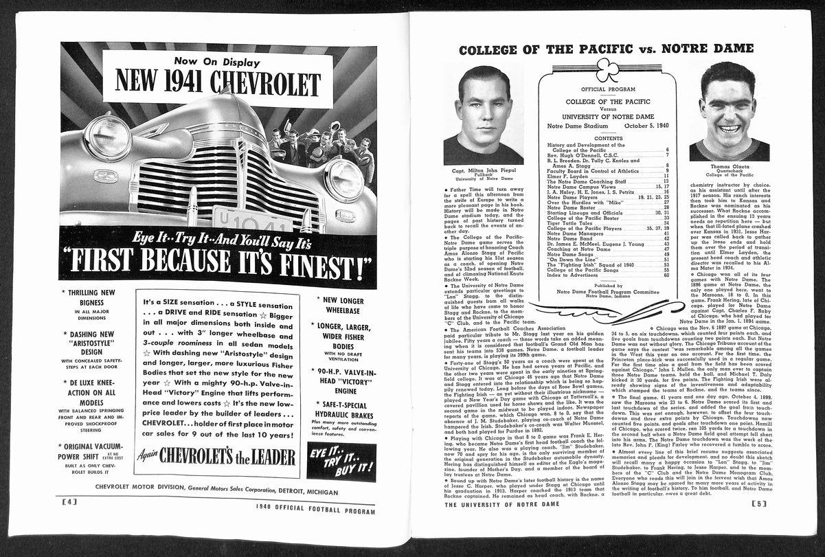 1940 College of Pacific vs Notre Dame Rare College Football Game Program 194609