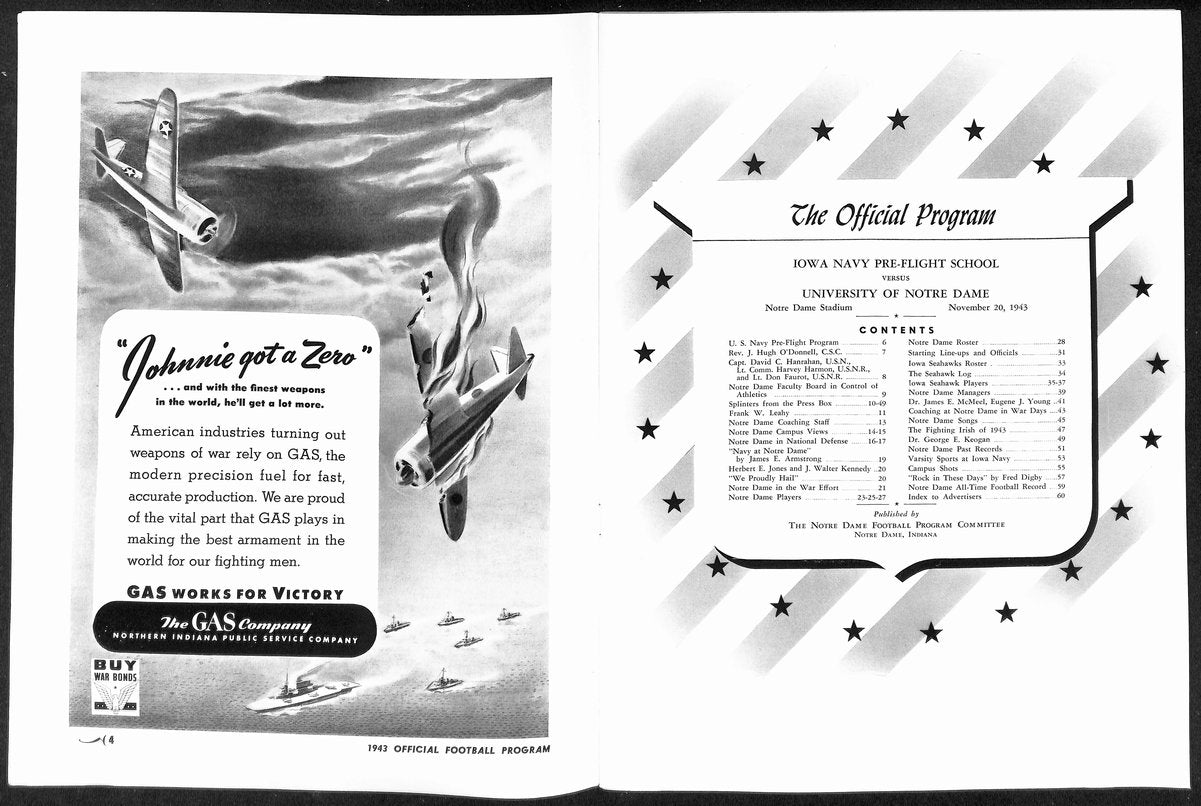 1943 Iowa Navy Flight School vs Notre Dame Rare College Football Program 196433